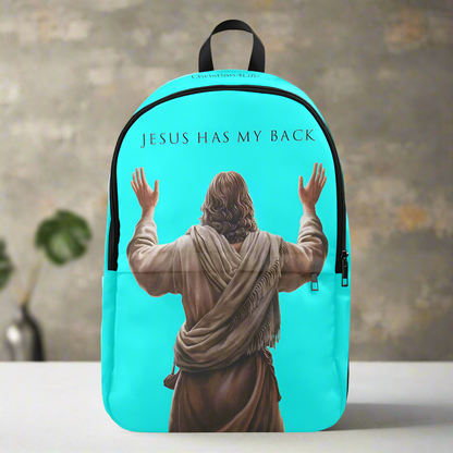 "Jesus Has My Back" design Christian Backpack (Choose Blue Shade)