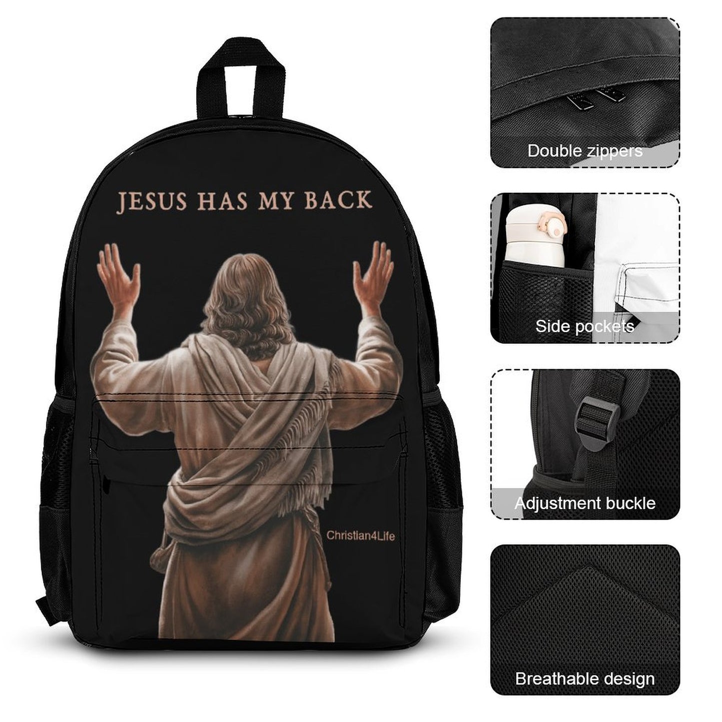 Backpack with 'Jesus Has My Back' text and Jesus illustration, featuring multiple product details on a white background.