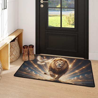 Lion of Judah and the Holy Spirit -Golden Rays and Clouds Small Area Rug with Black Binding (31"x20")