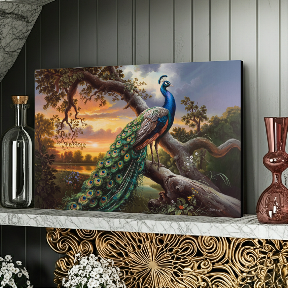 Canvas print of a peacock in a natural setting on a shelf with decorative items.