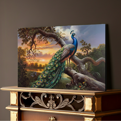 Canvas print of a peacock in a natural setting on a decorative wooden cabinet.