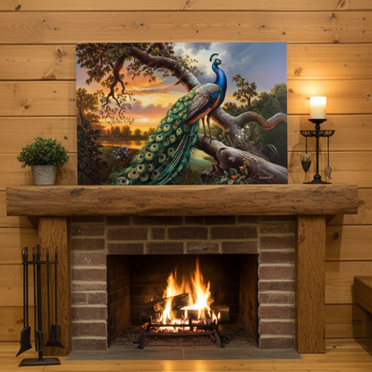 Peacock painting above a fireplace with wooden walls and decor.