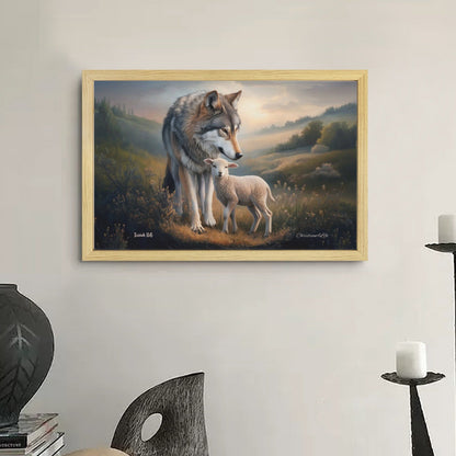 Framed - Wolf and Lamb Christian Canvas, Wooden Frame