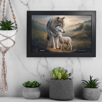 Framed- Wolf and Lamb, Christian Wall Art, Black Framed Canvas Print, Isaiah 11:6