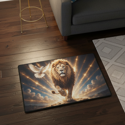 Lion of Judah and the Holy Spirit -Golden Rays and Clouds Small Area Rug with Black Binding (31"x20")