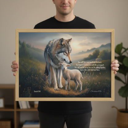 Wolf and Lamb with Isaiah 11:6 Quote, Christian Canvas, Wooden Frame