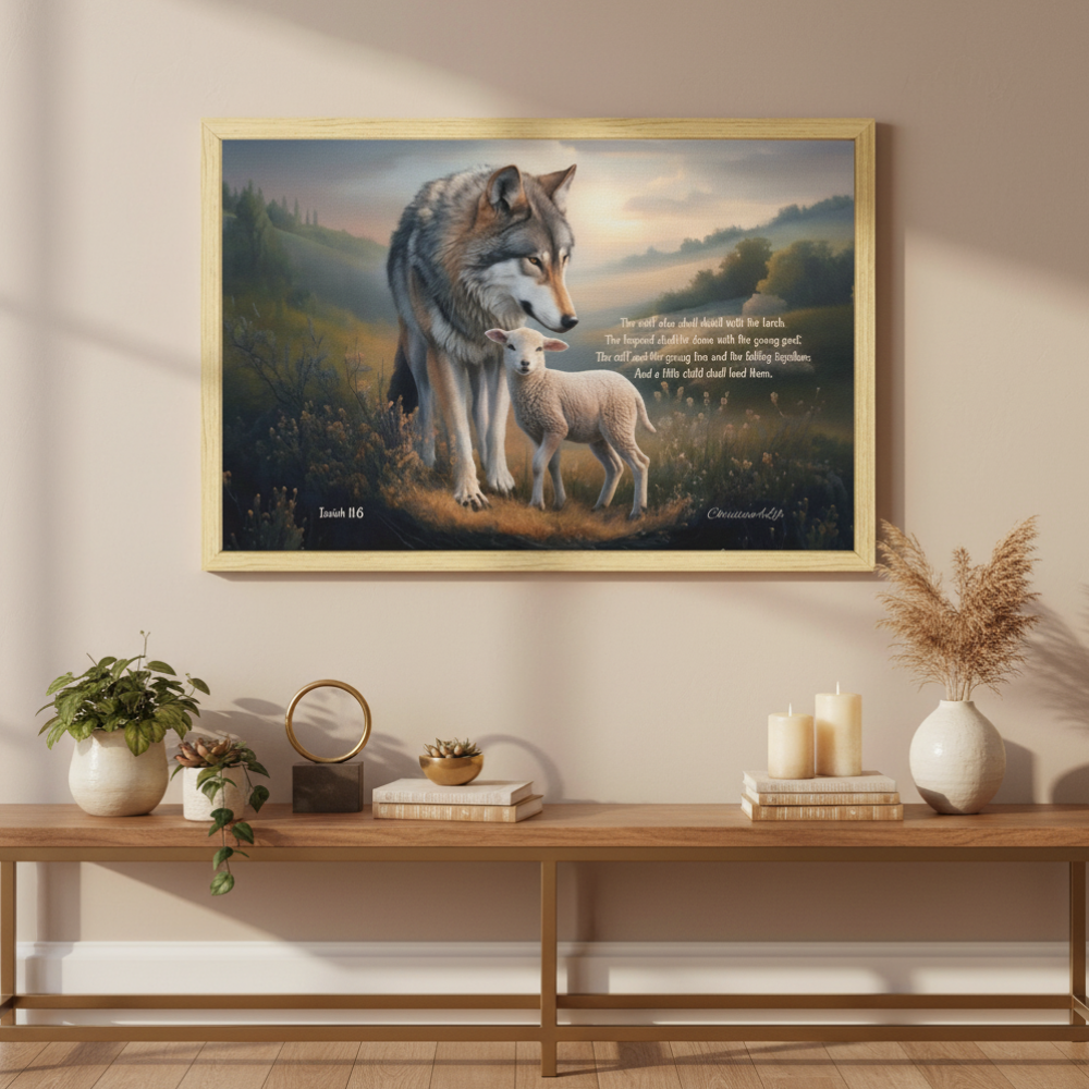 Wolf and Lamb with Isaiah 11:6 Quote, Christian Canvas, Wooden Frame