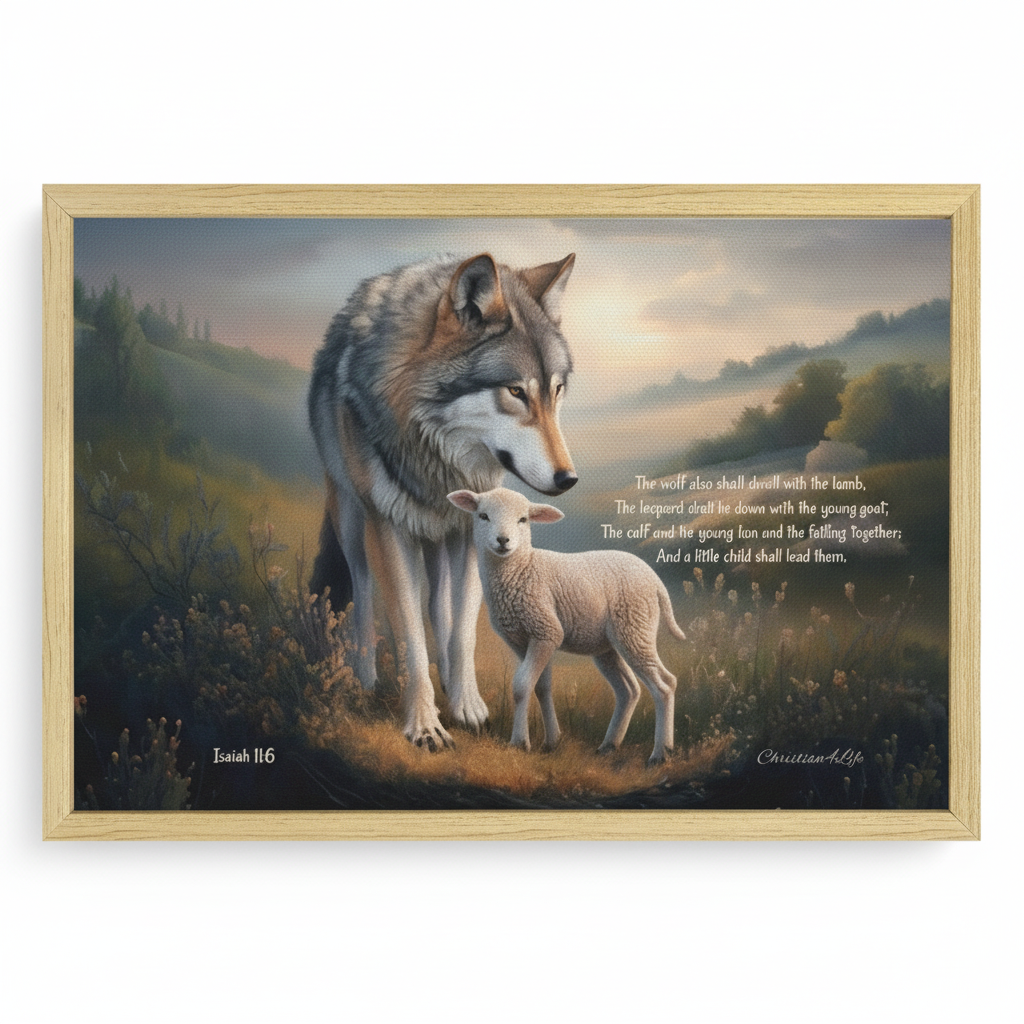 Wolf and Lamb with Isaiah 11:6 Quote, Christian Canvas, Wooden Frame