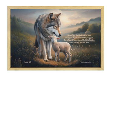 Wolf and Lamb with Isaiah 11:6 Quote, Christian Canvas, Wooden Frame