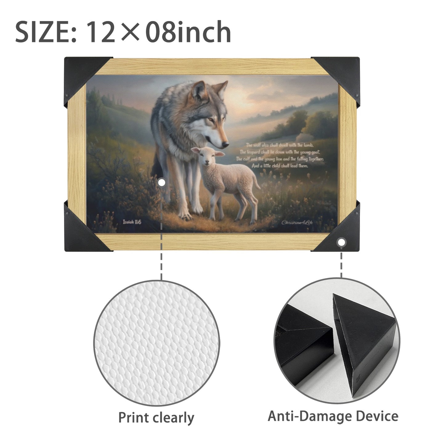 Wolf and Lamb with Isaiah 11:6 Quote, Christian Canvas, Wooden Frame