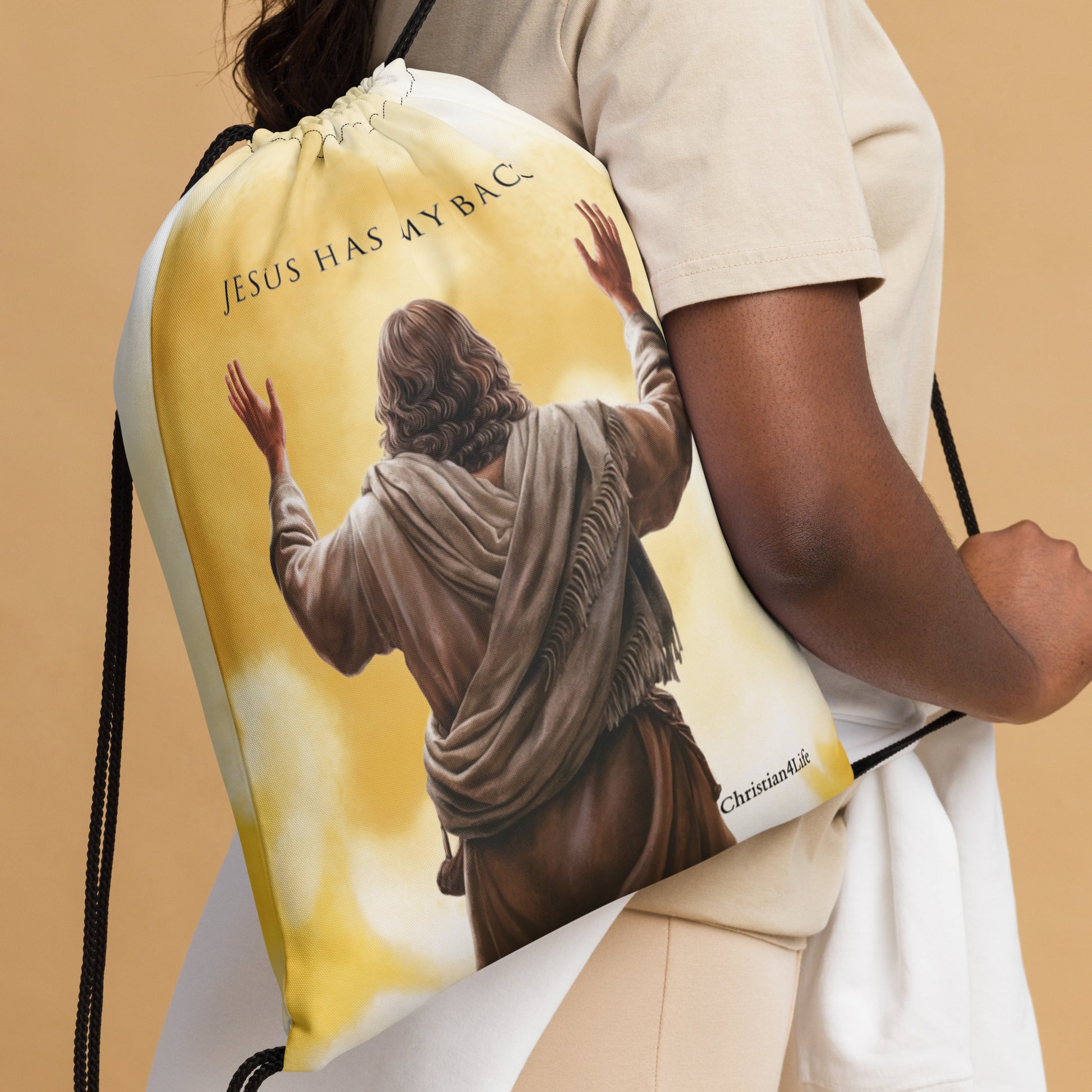 "Jesus Has My Back" Drawstring bag 15″ × 17″ (yellow tie-dye) Bags Christian4Life