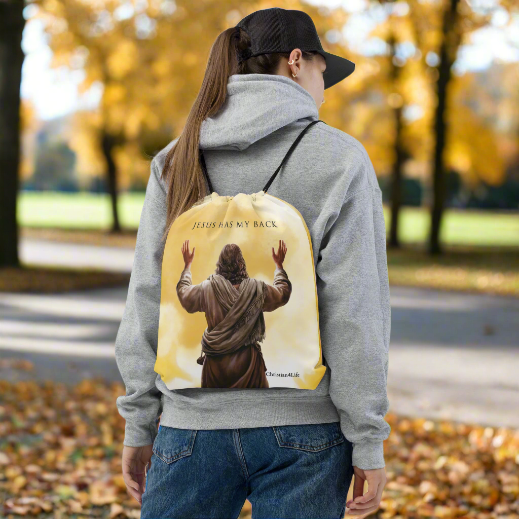 "Jesus Has My Back" Drawstring bag 15″ × 17″ (yellow tie-dye) Bags Christian4Life