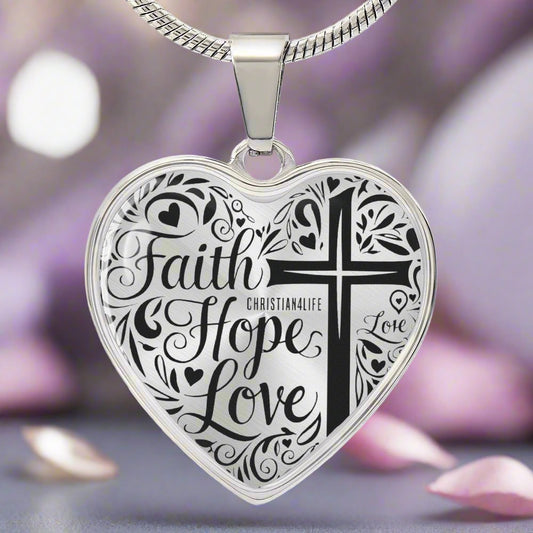 Personalized "Faith, Hope, Love" Christian heart pendant with chain