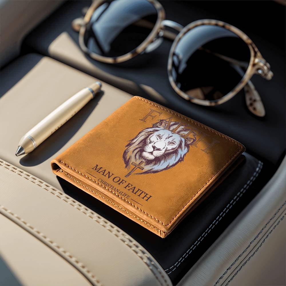 "Man of Faith" Lion and Cross Graphic Leather Wallet - Christian Leather Wallet, Christian Gift