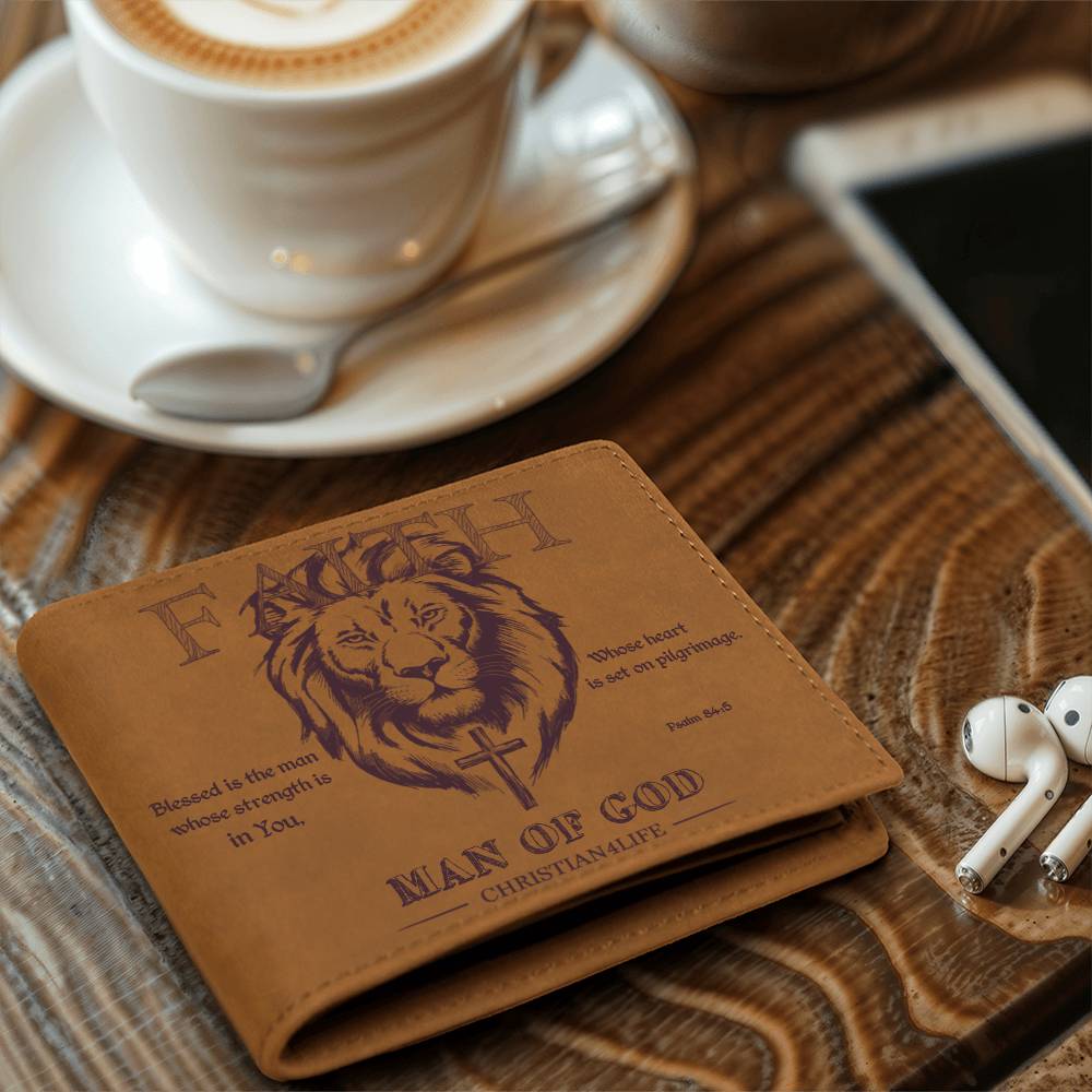 "Man of God" Graphic Leather Wallet, Christian wallet, Lion and Cross Christian gift