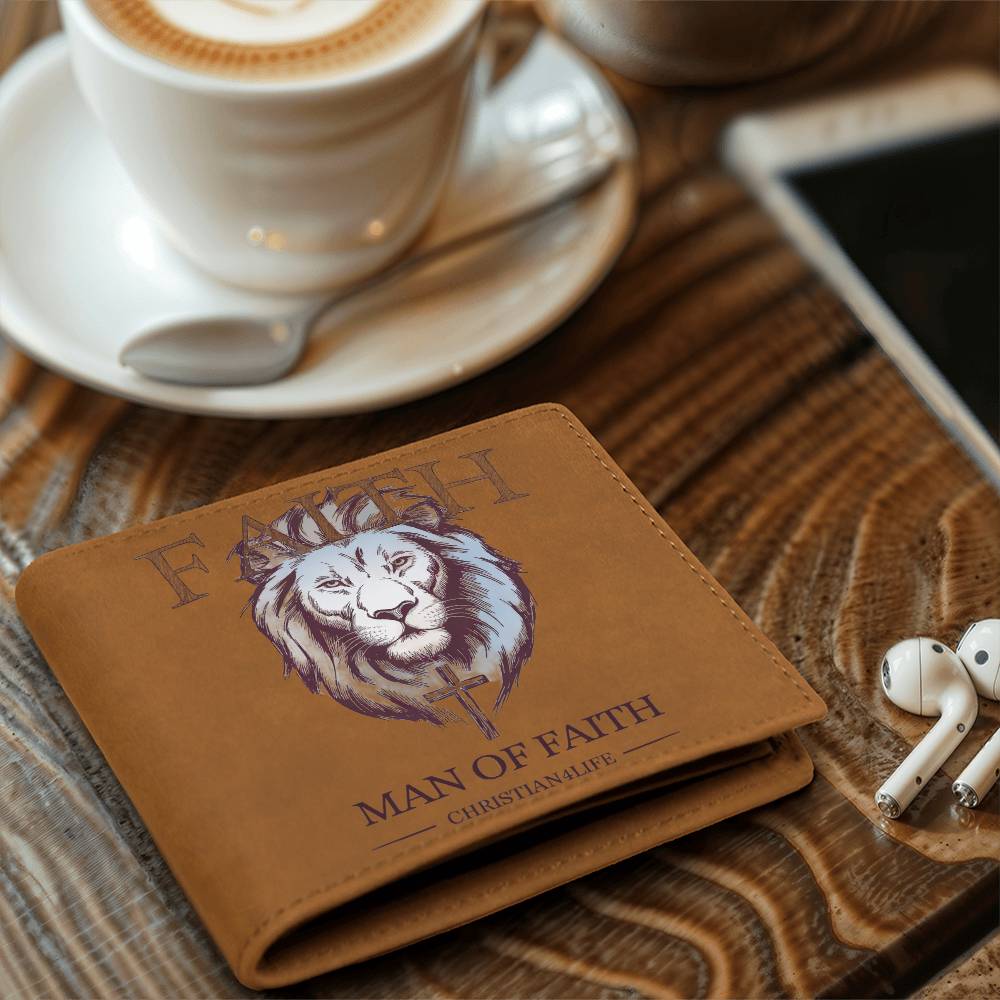 "Man of Faith" Lion and Cross Graphic Leather Wallet - Christian Leather Wallet, Christian Gift