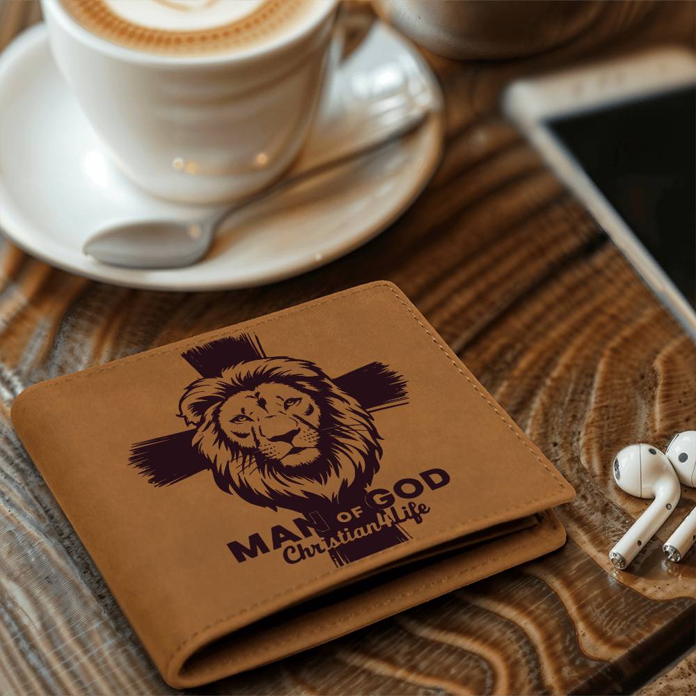 Lion and Cross Christian "Man of God" Graphic Leather Wallet