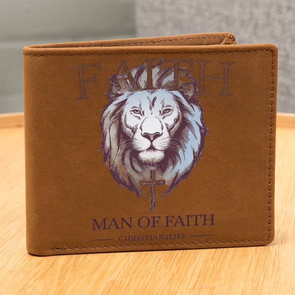 "Man of Faith" Lion and Cross Graphic Leather Wallet - Christian Leather Wallet, Christian Gift