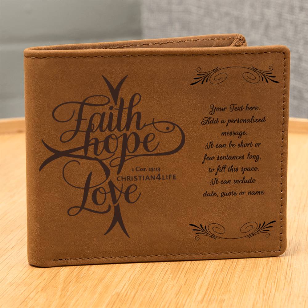 Personalized "Faith, Hope, Love" Leather Wallet