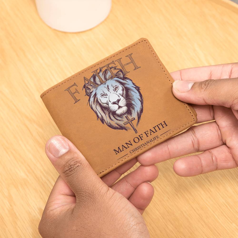 "Man of Faith" Lion and Cross Graphic Leather Wallet - Christian Leather Wallet, Christian Gift