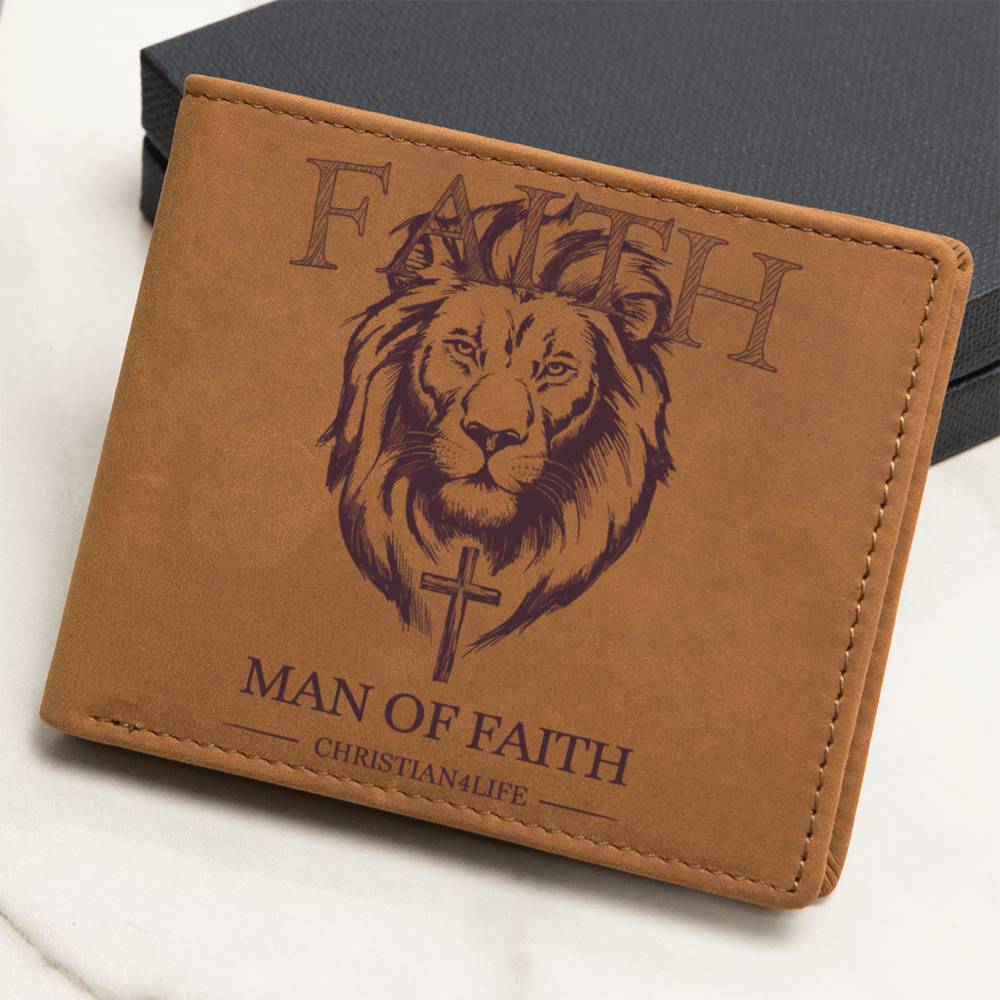 Christian Gift, Graphic Lion and Cross Leather Wallet "Man of Faith" Christian Wallet, Faith gifts