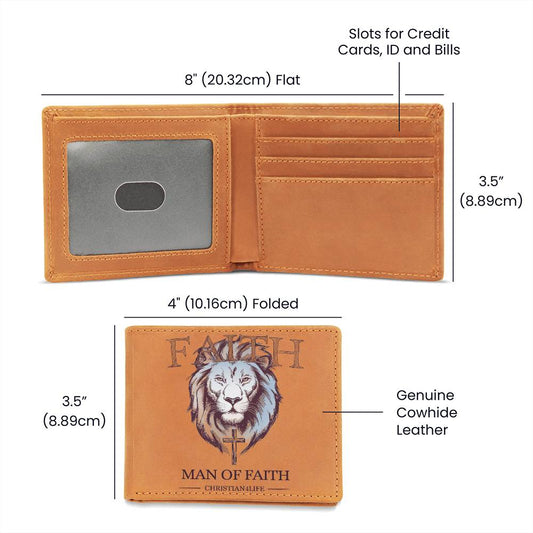 ’Man of Faith’ Lion and Cross Graphic Leather Wallet - Christian Leather Wallet Christian Gift - Wallets