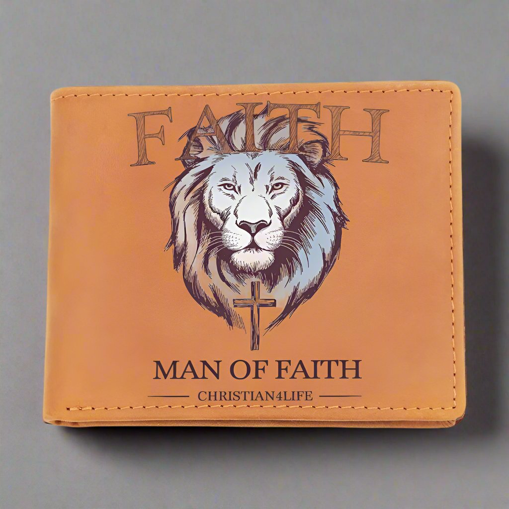 "Man of Faith" Lion and Cross Graphic Leather Wallet - Christian Leather Wallet, Christian Gift