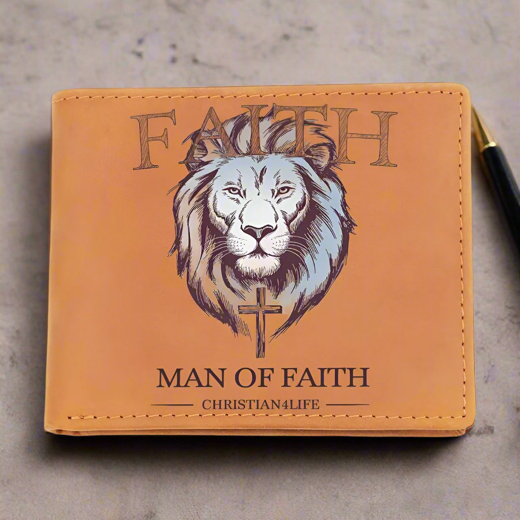 "Man of Faith" Lion and Cross Graphic Leather Wallet - Christian Leather Wallet, Christian Gift