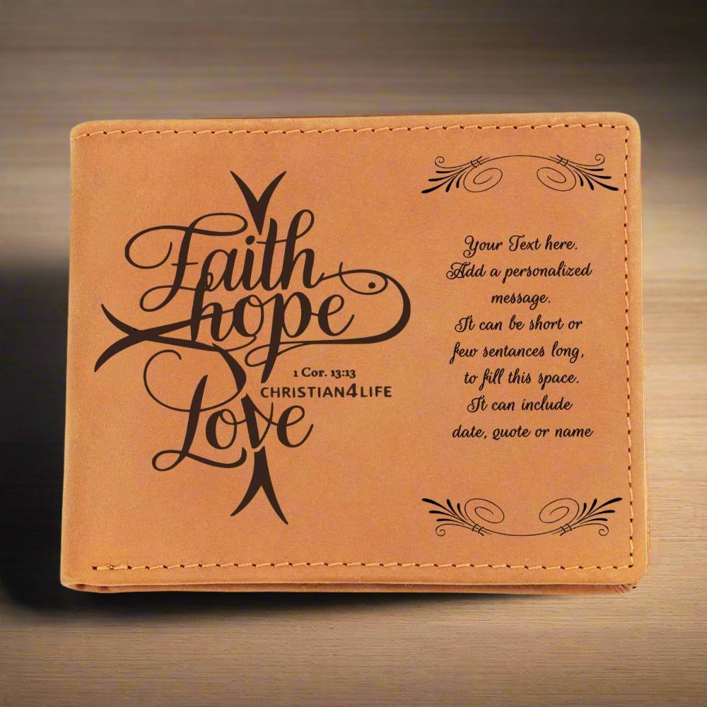 Personalized "Faith, Hope, Love" Leather Wallet