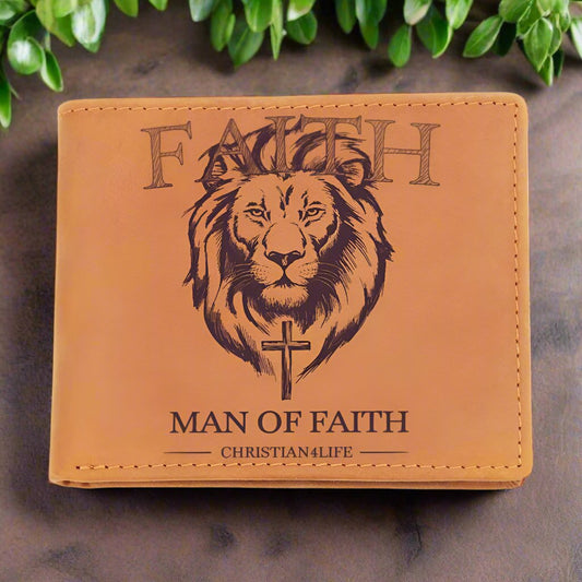 Christian Gift, Graphic Lion and Cross Leather Wallet "Man of Faith" Christian Wallet, Faith gifts