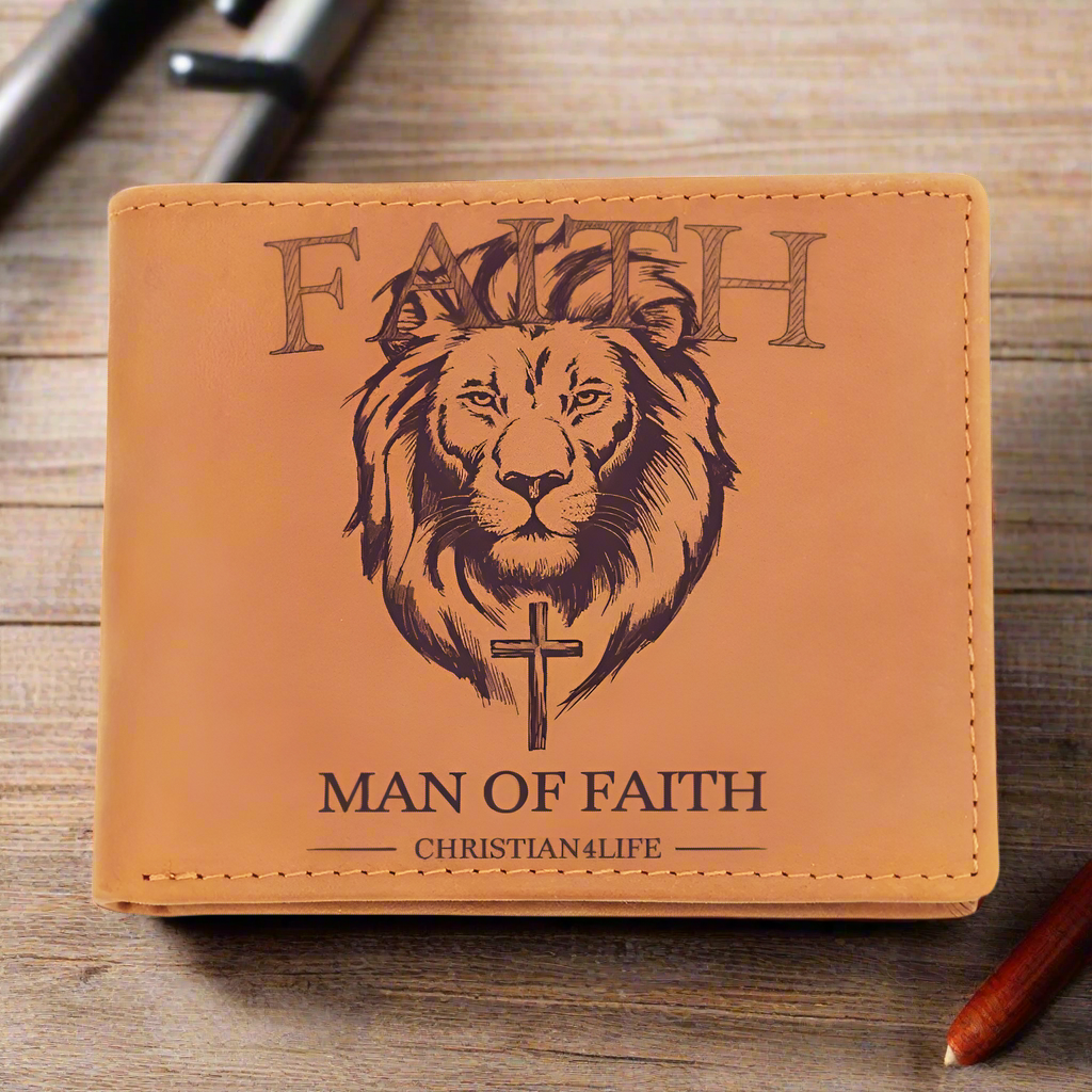 Christian Gift, Graphic Lion and Cross Leather Wallet "Man of Faith" Christian Wallet, Faith gifts