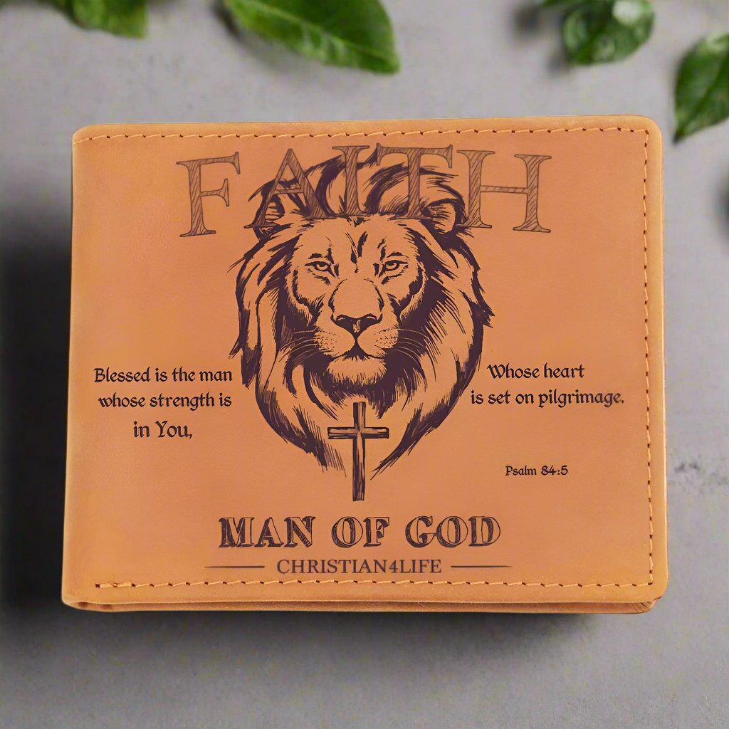 โMan of Godโ Graphic Leather Wallet Christian wallet Lion and Cross Christian gift - Wallets