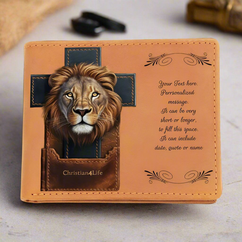 Personalized Lion and Cross Christian4Life Graphic Leather Wallet