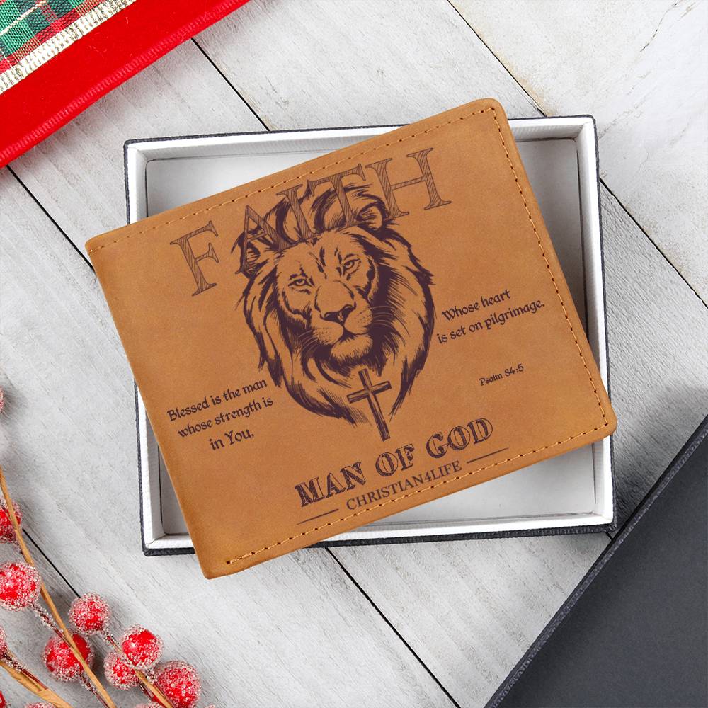 "Man of God" Graphic Leather Wallet, Christian wallet, Lion and Cross Christian gift