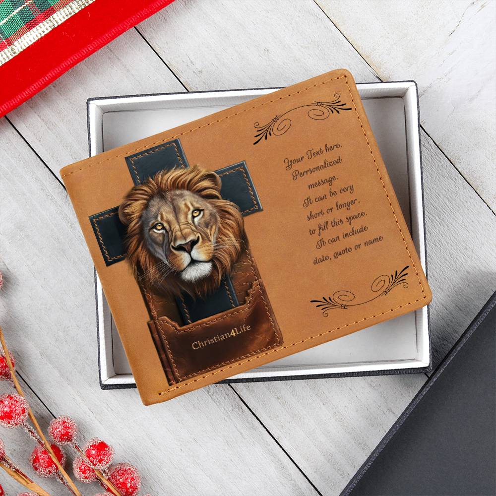 Personalized Lion and Cross Christian4Life Graphic Leather Wallet