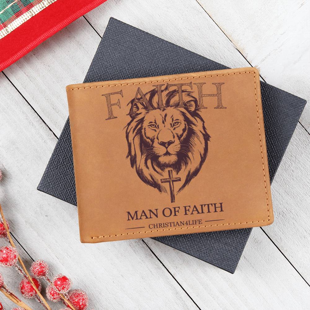 Christian Gift, Graphic Lion and Cross Leather Wallet "Man of Faith" Christian Wallet, Faith gifts