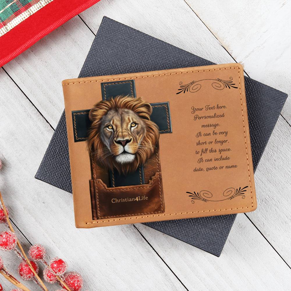 Personalized Lion and Cross Christian4Life Graphic Leather Wallet