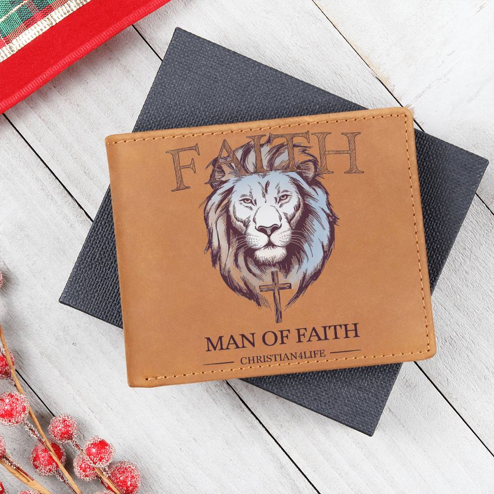 "Man of Faith" Lion and Cross Graphic Leather Wallet - Christian Leather Wallet, Christian Gift