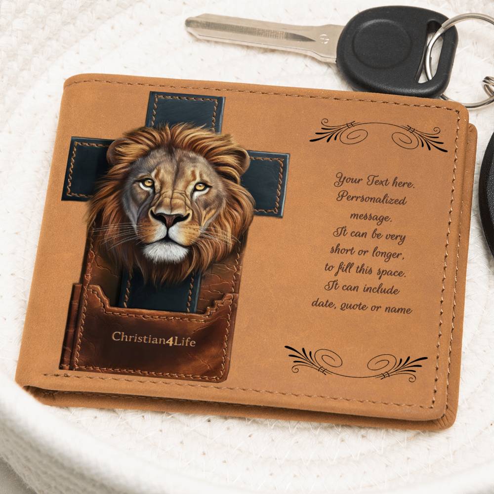 Personalized Lion and Cross Christian4Life Graphic Leather Wallet