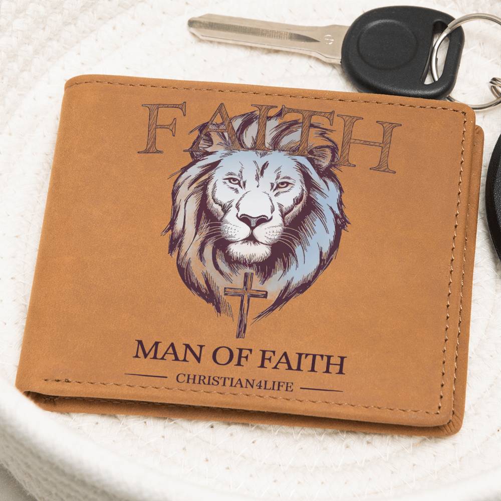 "Man of Faith" Lion and Cross Graphic Leather Wallet - Christian Leather Wallet, Christian Gift