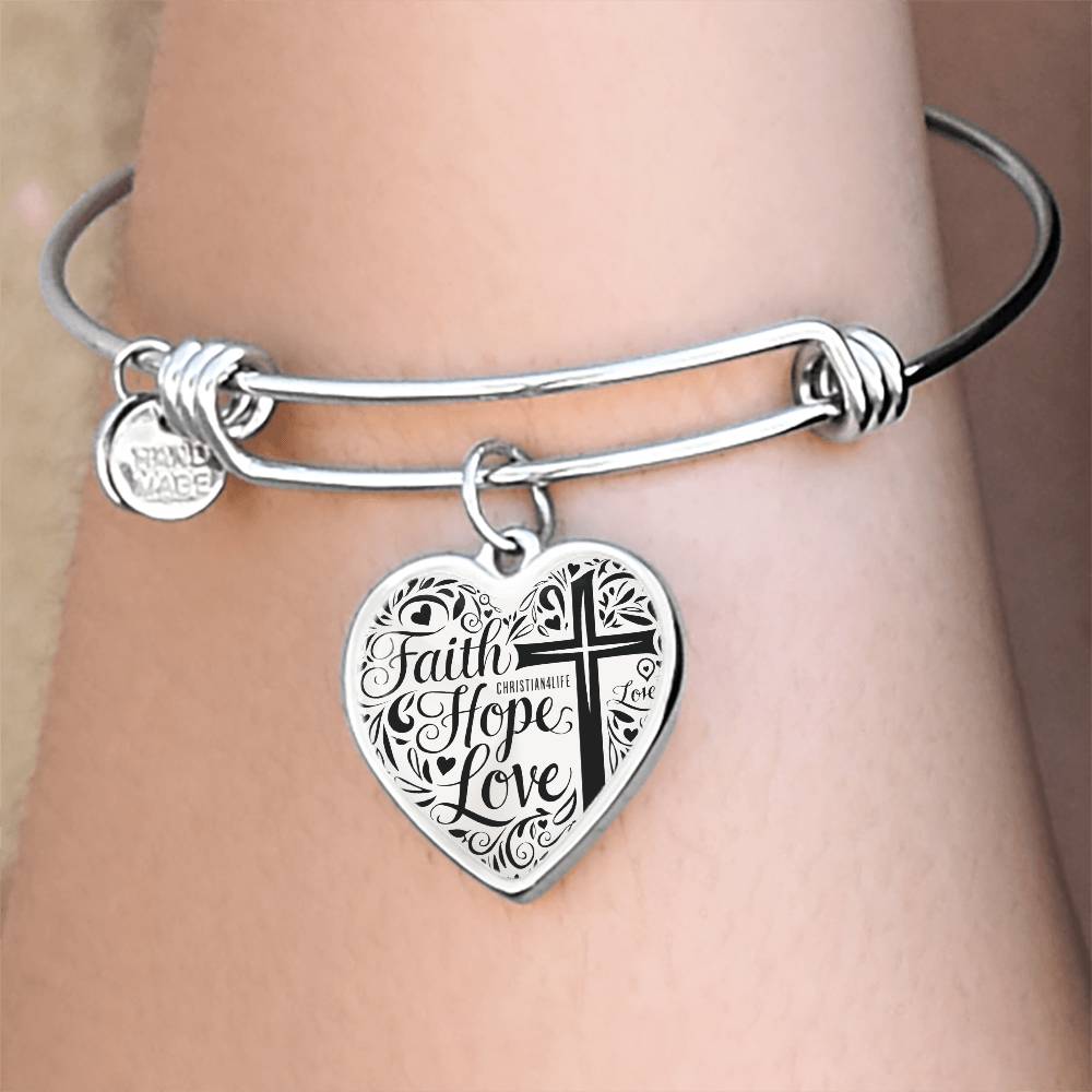 Personalized "Faith, Hope, Love" Heart Bangle Bracelet