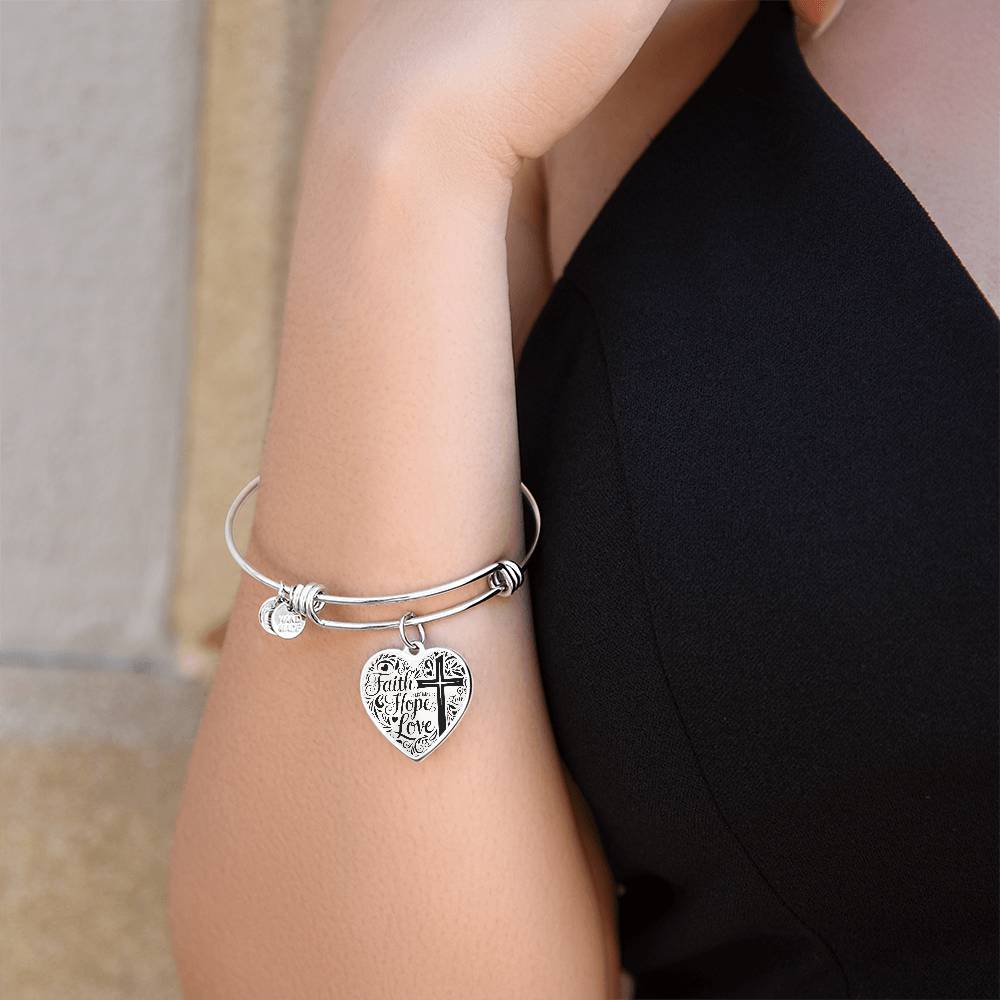 Personalized "Faith, Hope, Love" Heart Bangle Bracelet