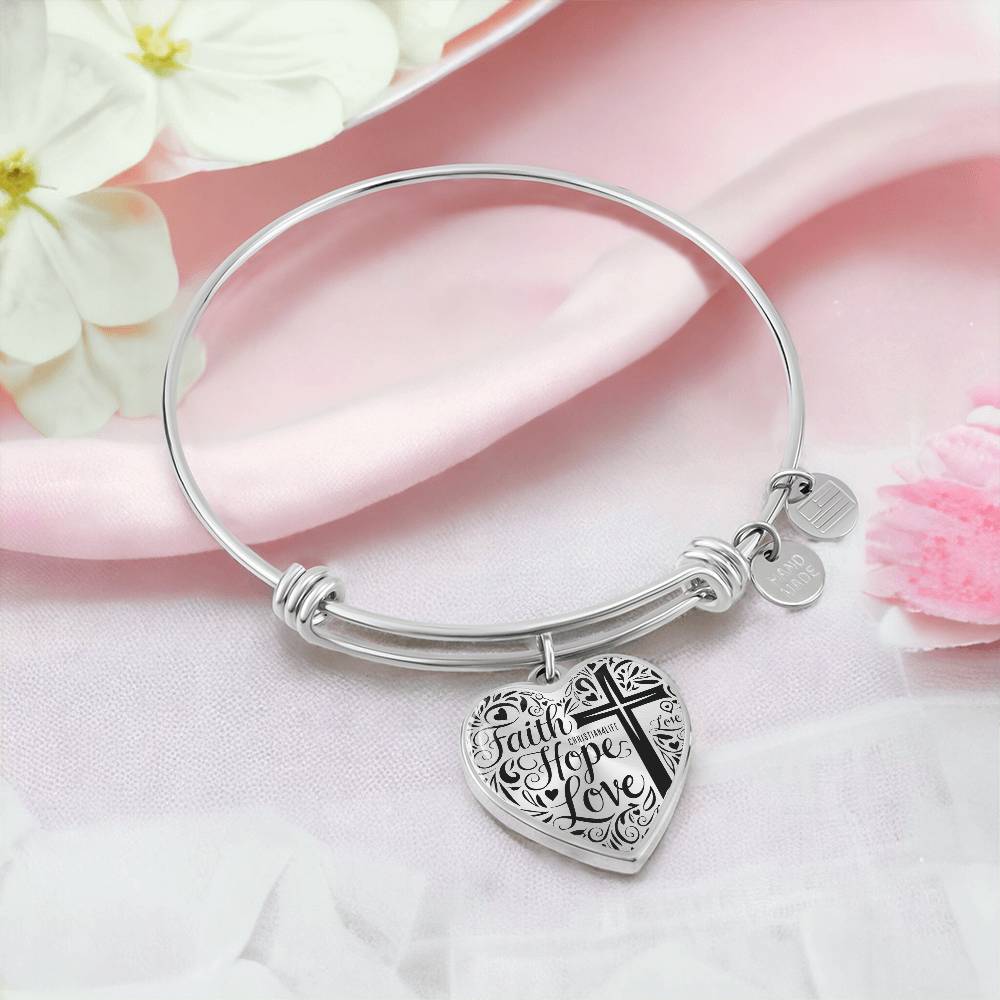 Personalized "Faith, Hope, Love" Heart Bangle Bracelet