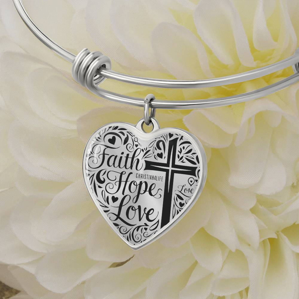 Personalized "Faith, Hope, Love" Heart Bangle Bracelet