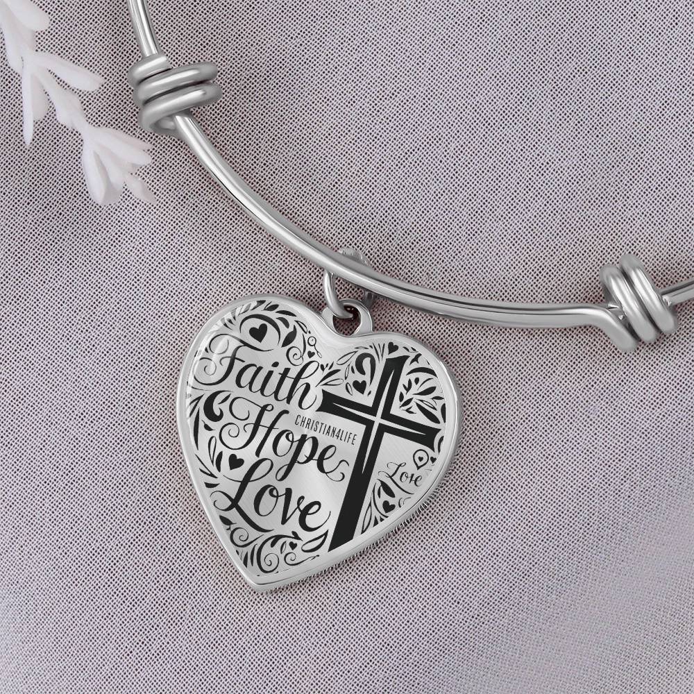 Personalized "Faith, Hope, Love" Heart Bangle Bracelet