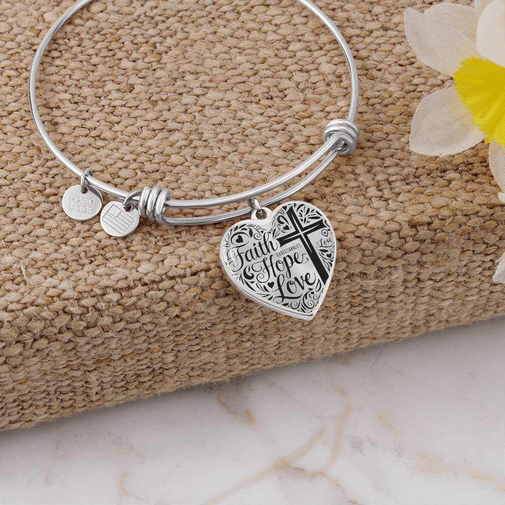 Personalized "Faith, Hope, Love" Heart Bangle Bracelet