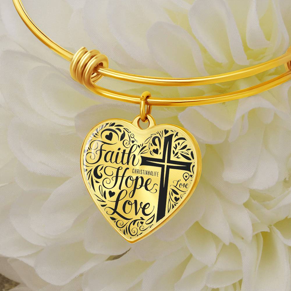 Personalized "Faith, Hope, Love" Heart Bangle Bracelet