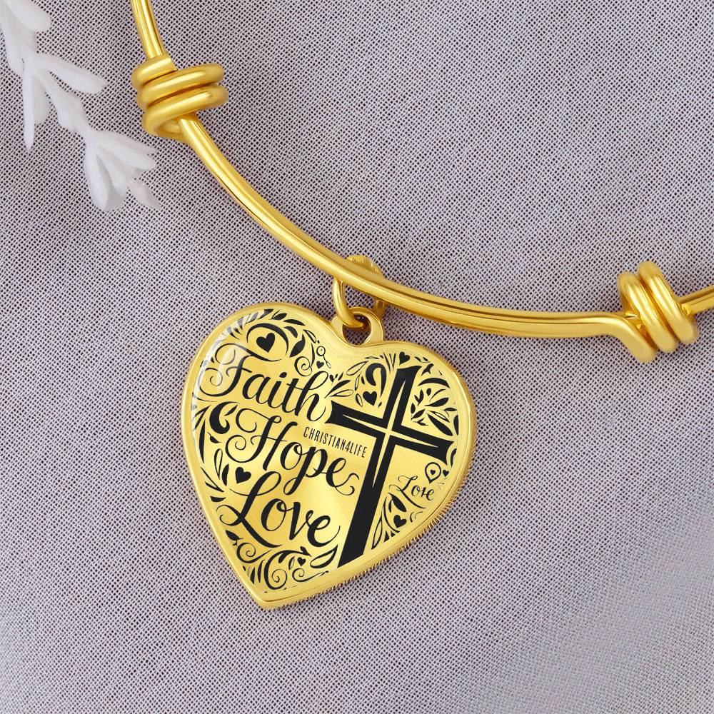 Personalized "Faith, Hope, Love" Heart Bangle Bracelet