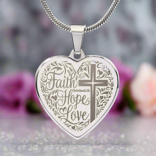 Engraved Faith, Hope, Love Heart Necklace (with personalized message)