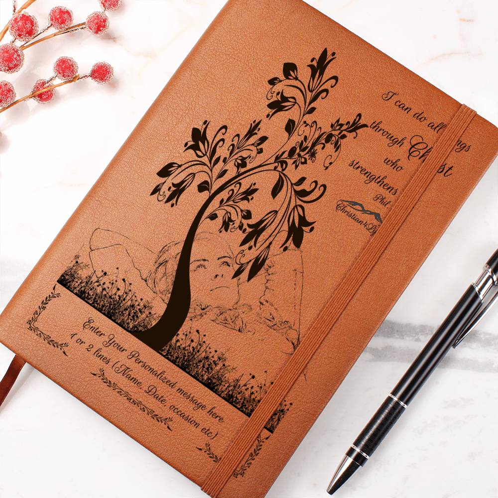 Personalized "I Can Do All Things through Christ" vegan leather Graphic Christian Journal